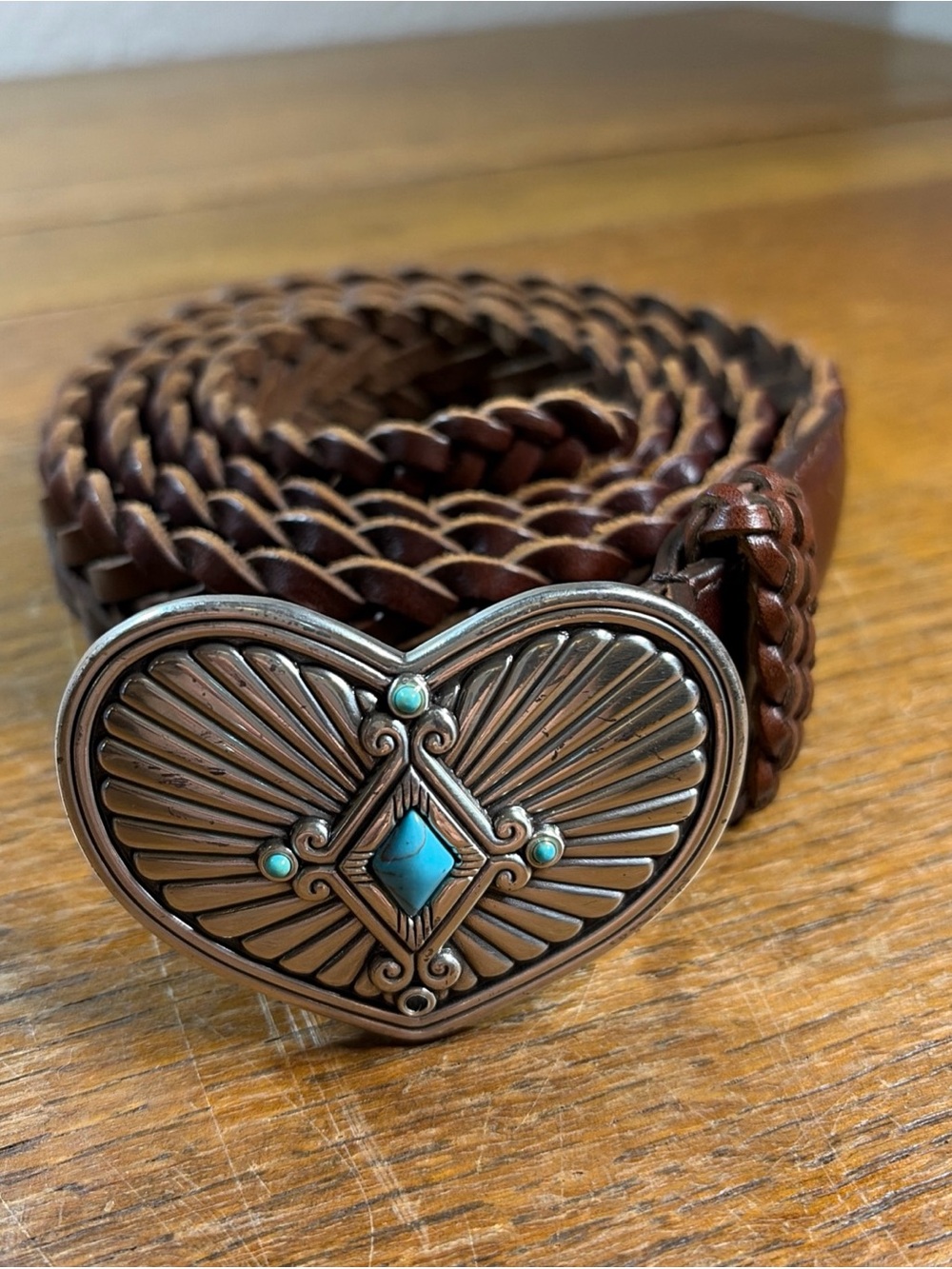 Brighton Western Silver Heart Turquoise Stones Buckle Braided Leather Belt XL
